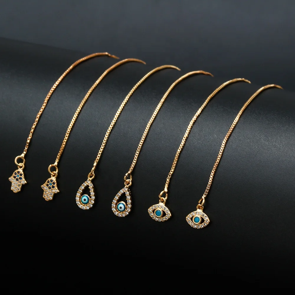 

USA Free Shipping Jewelry 18K Filled Gold Long Tassel Evil Eyes Earring Wire Hamsa Hand Ear Line