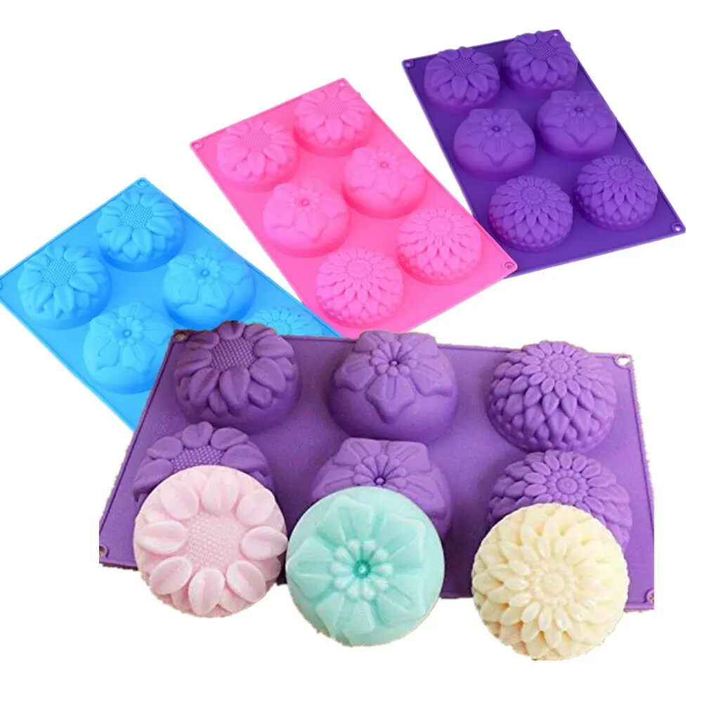

6-hole 3 flower-shaped silicone cake mold silicone pudding jelly mold handmade soap mold Sunflower Chrysanthemum Fondant, Random
