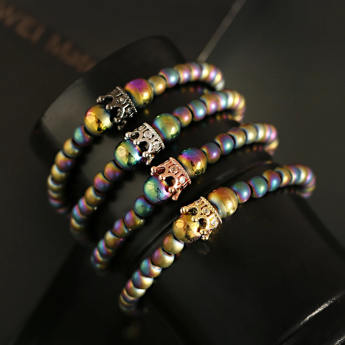 

Luxury Colours 8MM Beads Queen Crown Bangle Women Men Braid Bracelets Jewelry King Queen Bracelets For Couples, Multi-colors