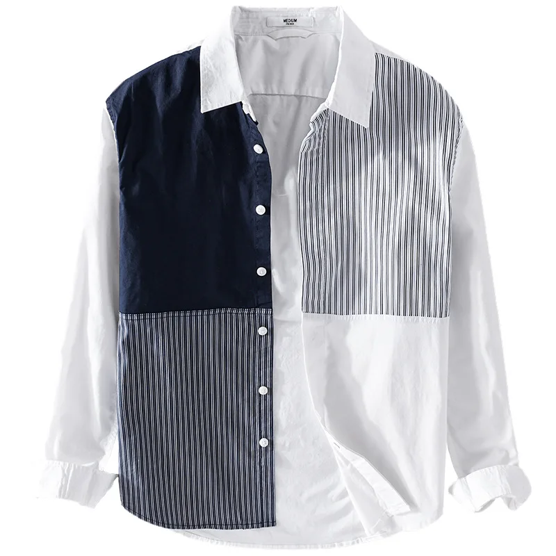 RNSHANGER New Men's Long-sleeved Shirt New Trendy Color Matching Cotton Shirt Casual Fashion Youth Striped Lapel Shirts
