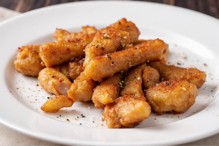 Crispy golden salt and pepper pork pieces on white plate with visible cracked black pepper and sea salt crystals