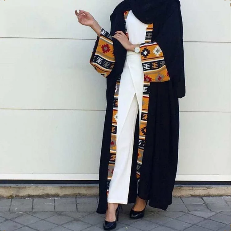 

New Latest Design Muslim Islamic Clothing Women Robe Stitching Cardigan With Pocket Printed Open Kimono Dress Abaya, 1 color in stock also accept customized color