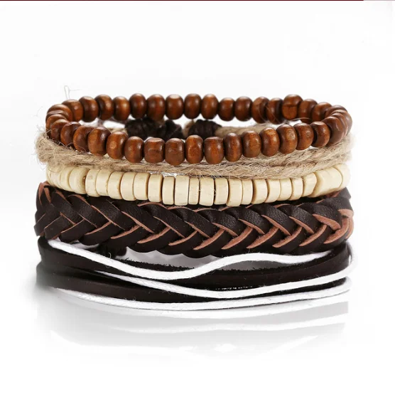 

Customized adjustable wax string cord wood bead braid PU leather multi layer bracelet set Men's Coconut Bracelets, As picture or customized
