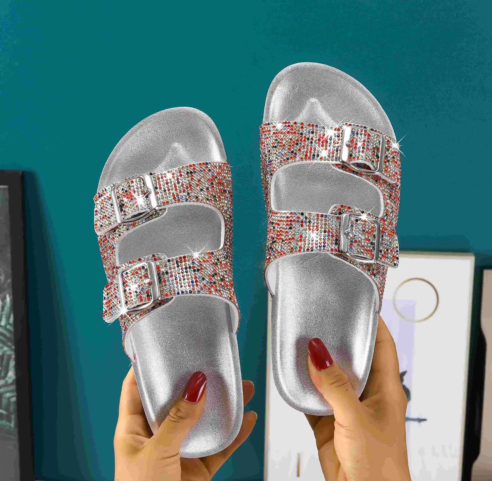 

NEW ARRIVAL DOUBLE DYE RHINESTONE STRAPS WOMEN SLIPPERS RAINBOW DIAMOND LADIES FLAT SLIDES OPEN TOE INDOOR OUTDOOT BEACH SHOES, Black,blue,gold,silver