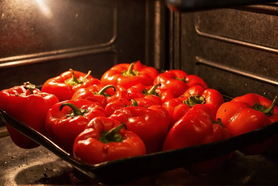 Professional chef roasting red bell peppers in oven with proper technique showing caramelization