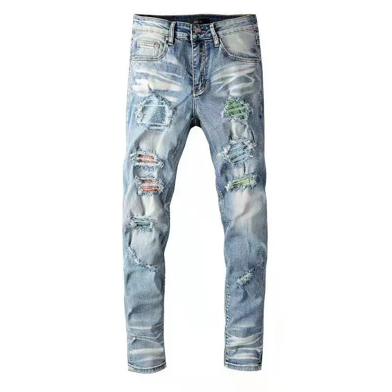 

2021 high quality jeans diamond patchwork mixed different color denim jean skinny for men, Picture