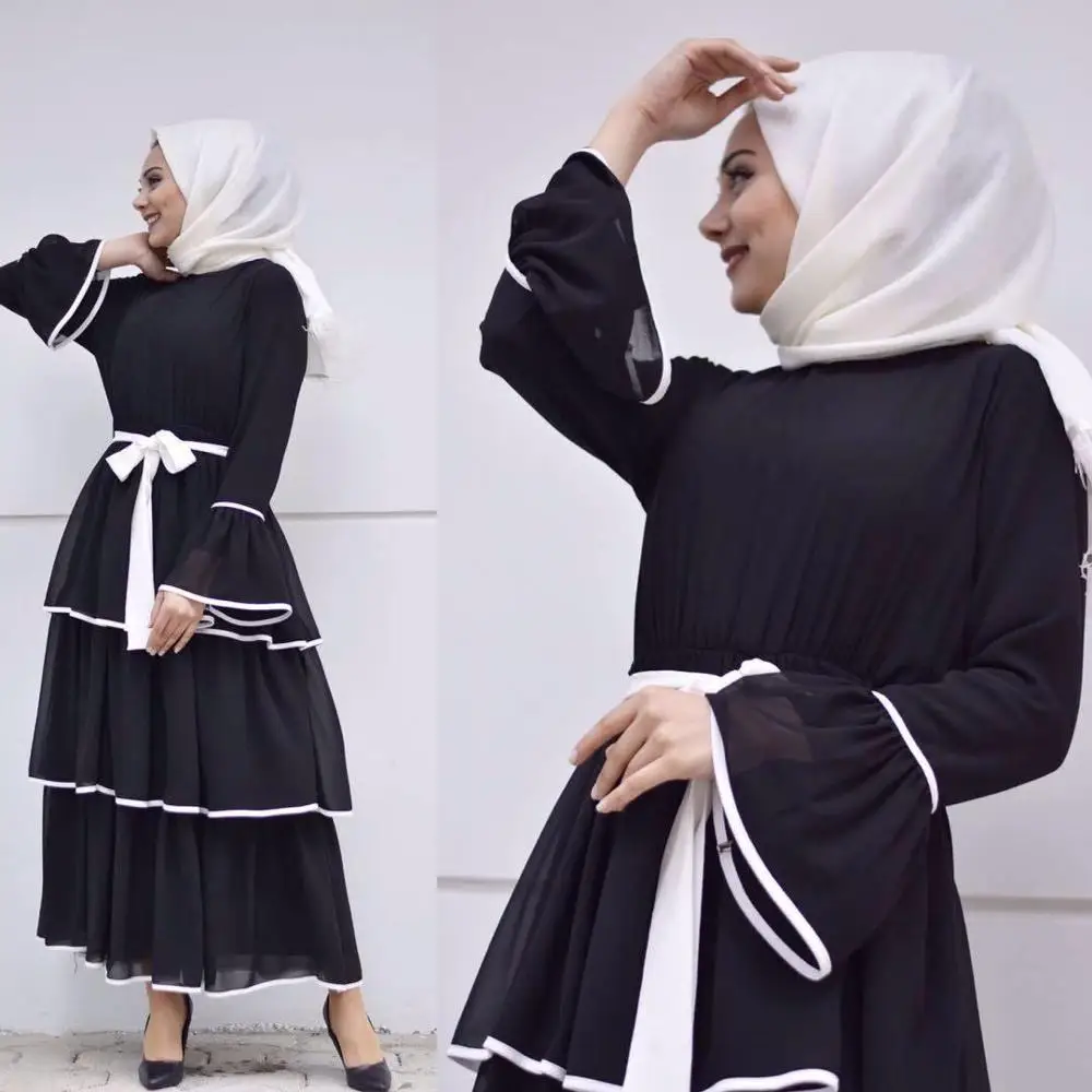 

Wholesale Dubai Muslim Long Skirt Large Size Women Ruffle Dress Arabian Fashion Cake Black and White Abaya Dress