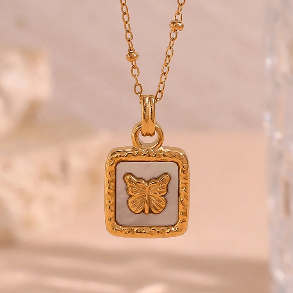 Vintage Women Jewelry Gold Plated Square Butterfly Necklace Stainless Steel Shell Necklace