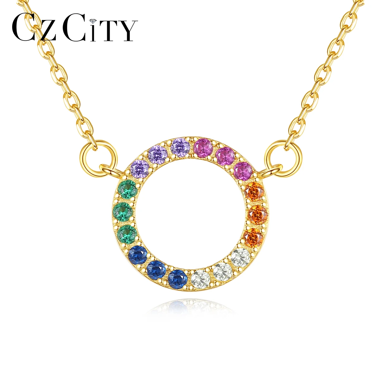 CZCITY Silver S925 Sterling Circle Necklace Rainbow Mulitiple Color Zirconia Gold Plated Necklaces