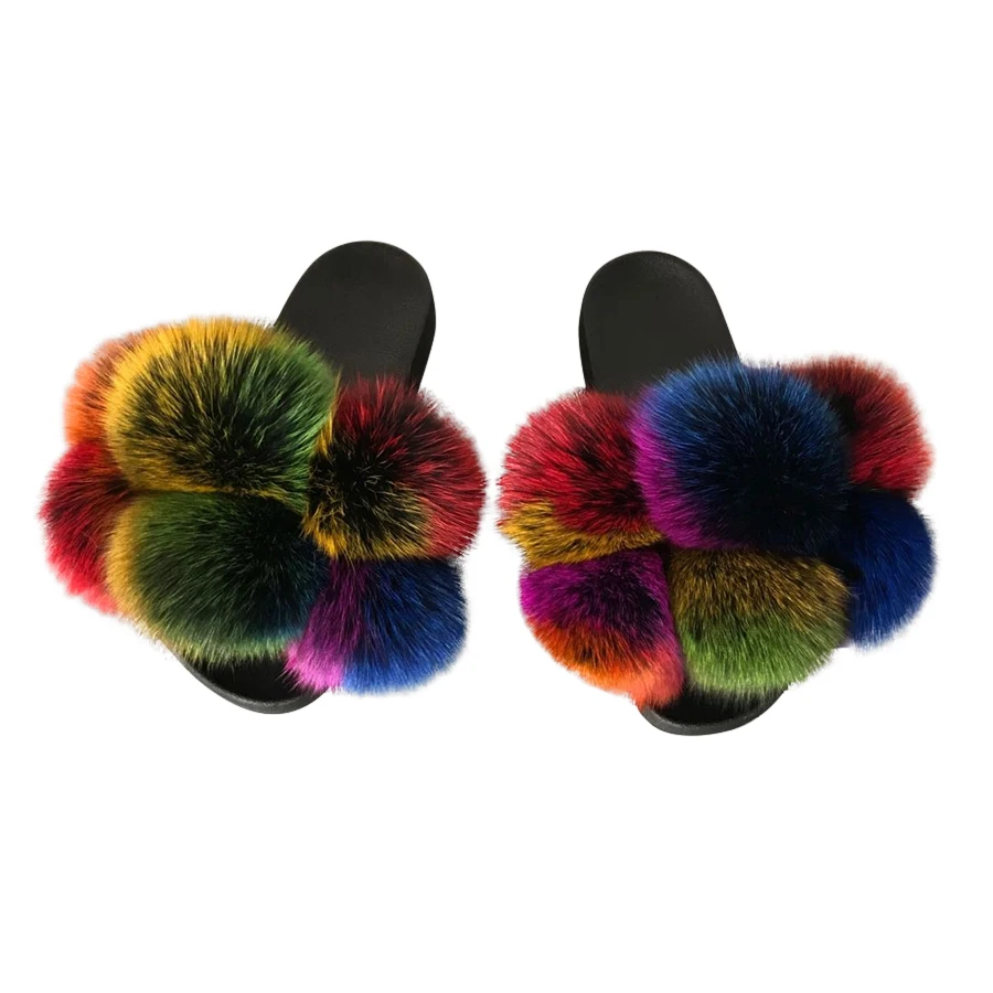

New design Fox fur sandals girls fashion genuine fur ball slides women fluffy six fur pom pom slippers, Customized color