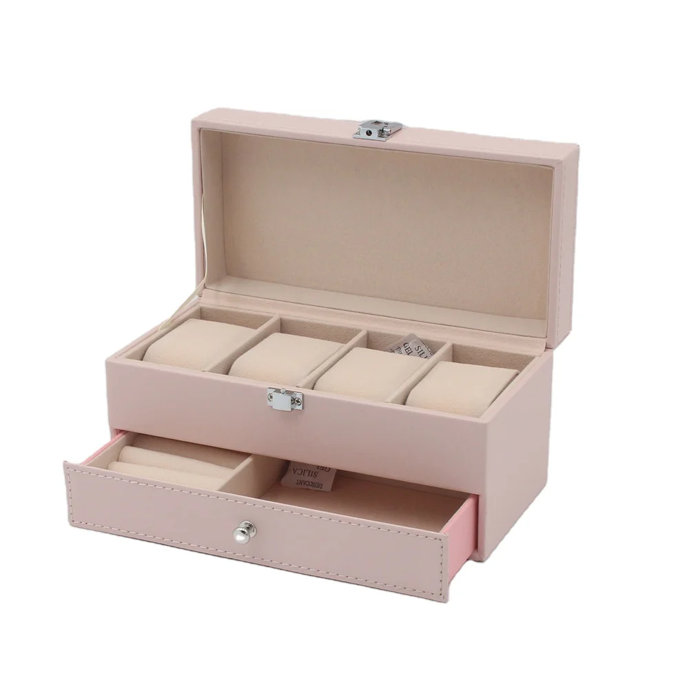

Hot popular 4 slots watch packaging box with pink pu leather 2 slots jewel storage box with drawer for girls gift, Black & pink & white