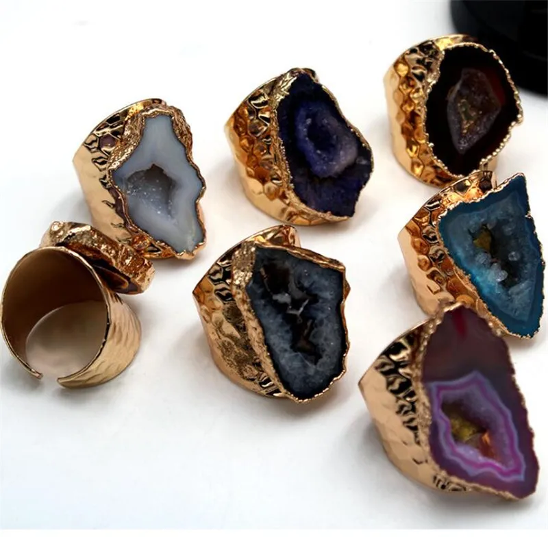 

Newest Natural Agates Window Druzy Rings Gold Plating Crystal Geode Ring  Natural Stone Rings, Various