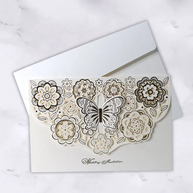 
Beige new design 3D butterfly laser cut card wedding invitation with envelope 