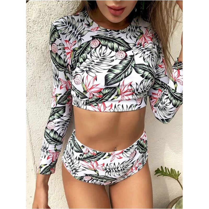 

2021 One Piece Swimsuit Long Sleeve Swimwear Women UPF50+ Print Floral Bathing Suit Swimsuit One Piece Swim Surfing Rash Guard