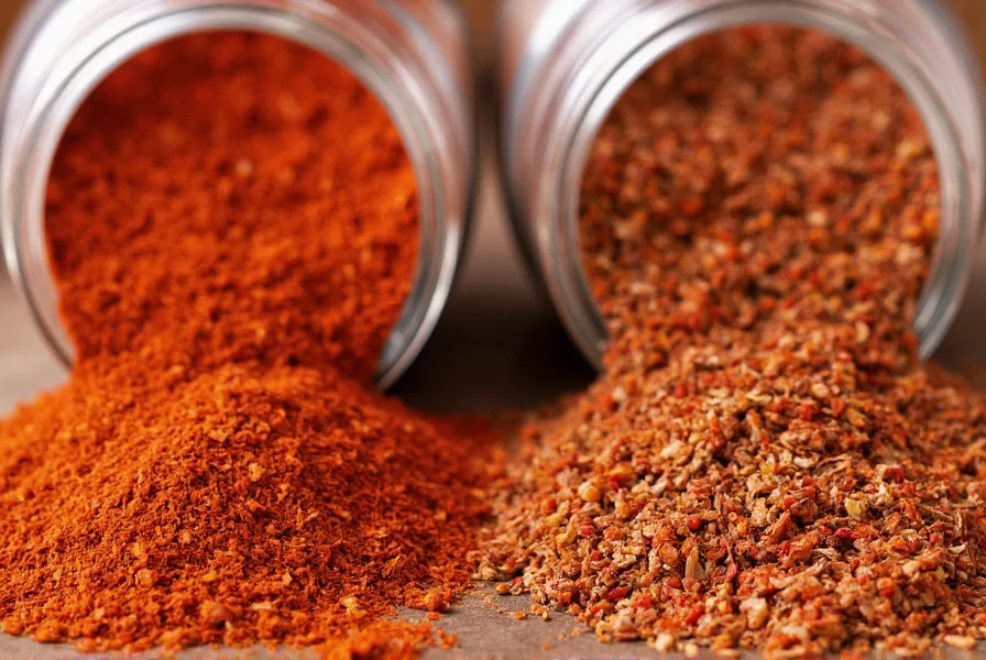 Close-up comparison of crushed red pepper and red pepper flakes in spice jars showing identical texture and color