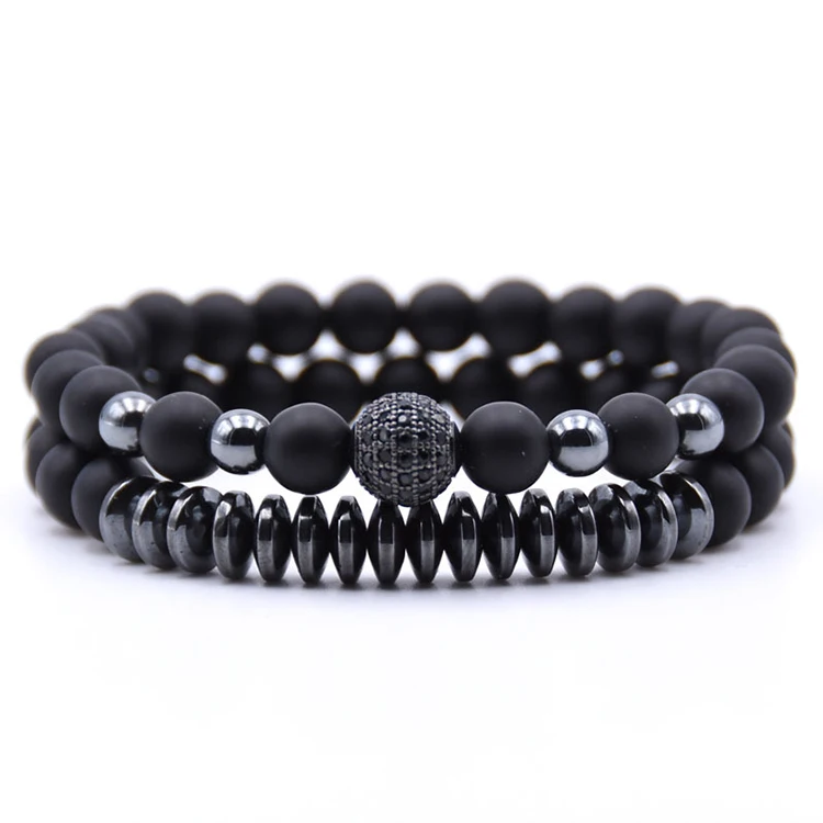 

Hot Sell 2pc/sets Hematite Jewelry Frosted Black Silver Rose Gold Natural Stone Bracelet For Men Women Unisex, As picture