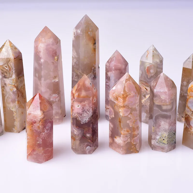 

Wholesale Natural Cherry Blossom Agate Crystal Hexagonal Crystal Point for Healing Sakura Agate