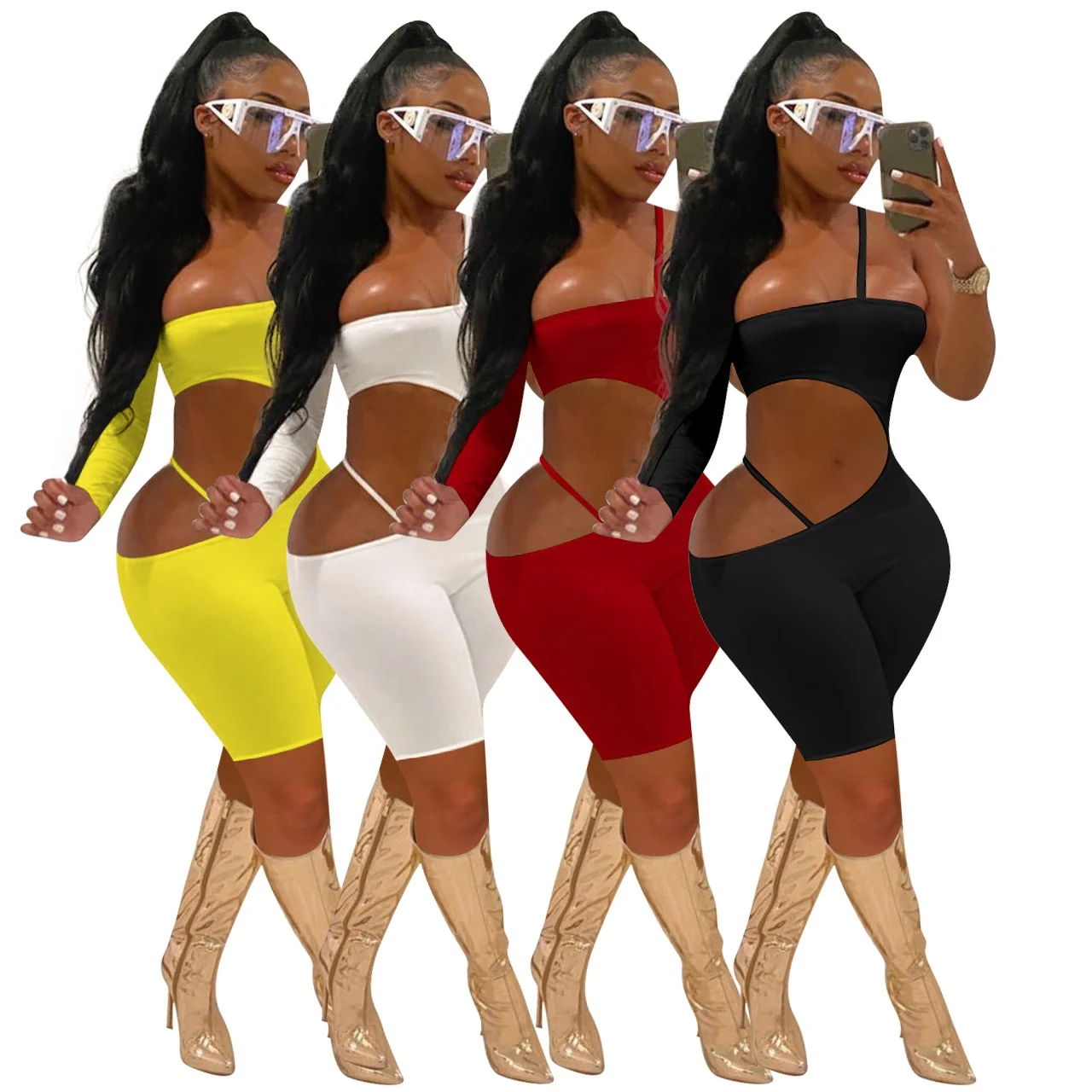 

LANOZY Summer Temperament Strapless Jumpsuit Crop Hollow Out Sexy Girl NightClub Bodycon One Piece Jumpsuit, White,yellow,red,black