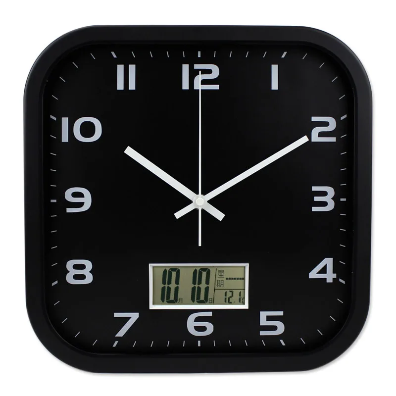 

Battery Operated Black 12 Inches Silent Non-Ticking Square Wall Clock With Indoor Temperature Date Display