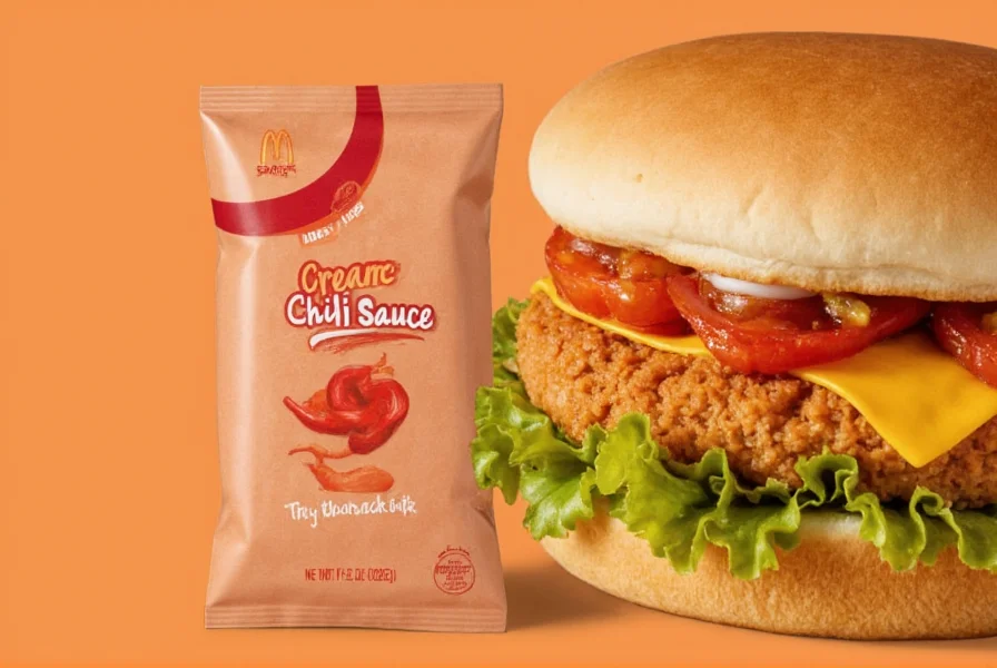 Close-up photograph of McDonald's cream chili sauce packet next to a McChicken sandwich showing the distinctive pale orange color