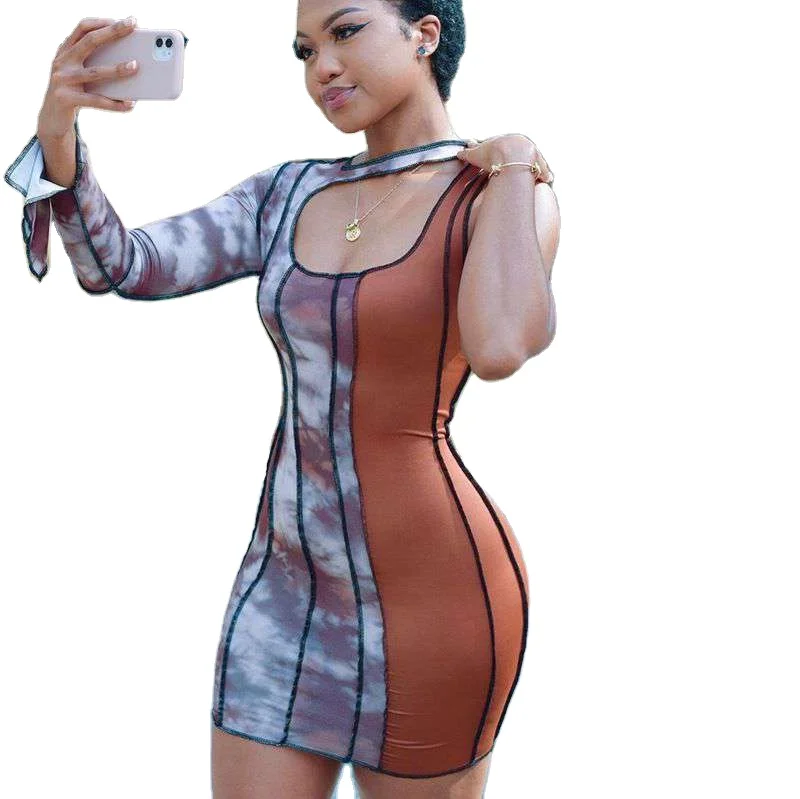 

fall 2021 women clothes New Arrival color blocking printed Hollow Out bodycon dress women fall dress