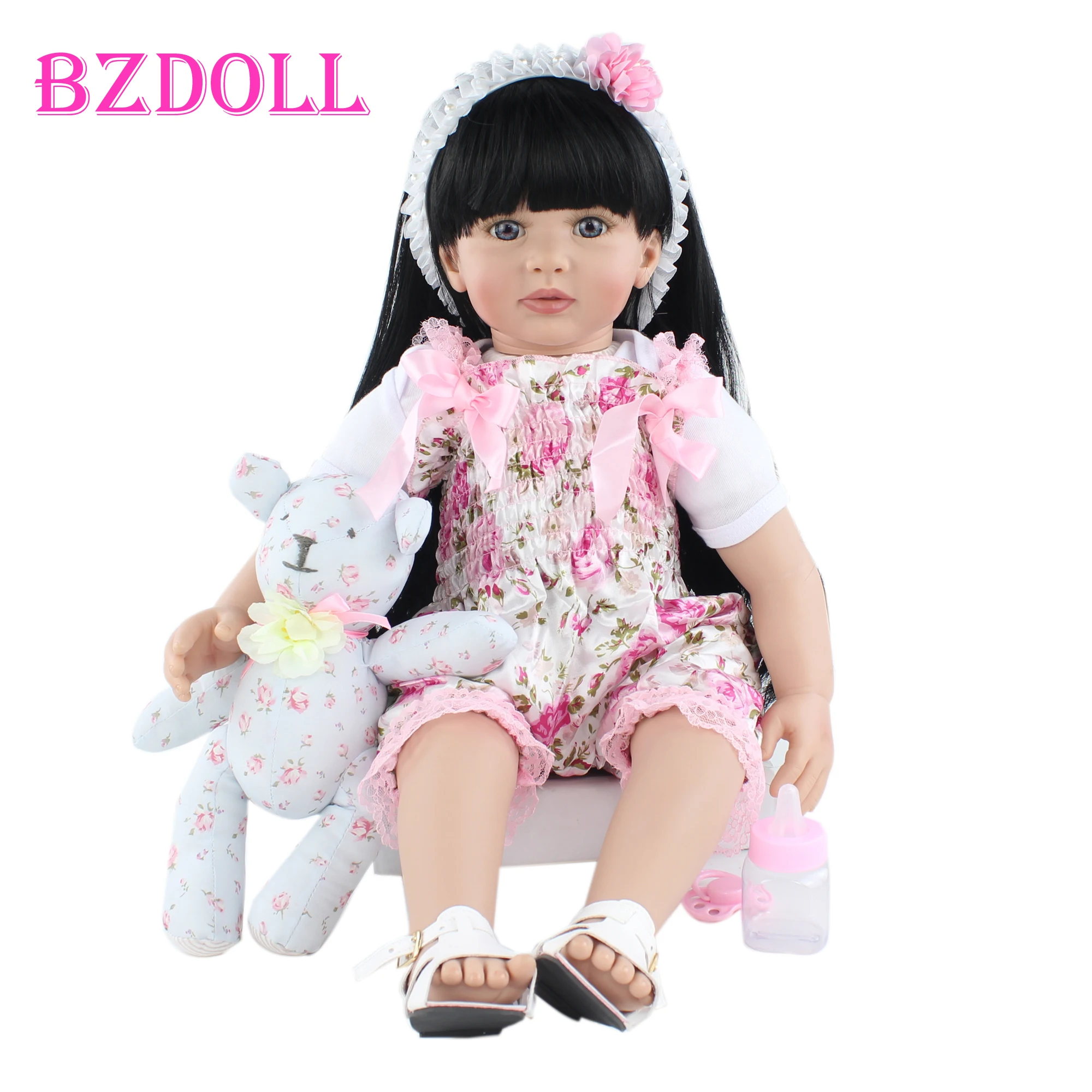 

60cm Soft Silicone Reborn Toddler Baby Doll Toys For Girl Black Long Hair Princess Bebe With Bear Plush Kids Birthday Gift