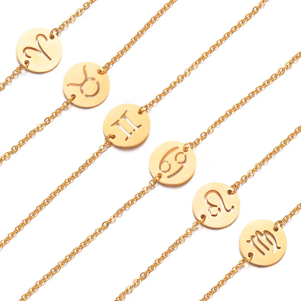 

European Constellations Girls Bracelets Stainless Steel Gold Plating Pendant Bracelet Fashionable Round Shaped Zodiac Bracelet