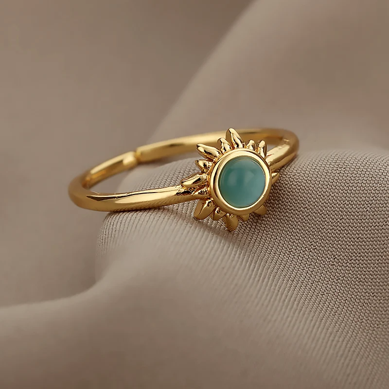 

Fashion Jewelry Vintage Opal Stainless Steel Sun Rings Moonstone Two Colors Gold Jewelry 18K Gift Rings Women, Gold,silver