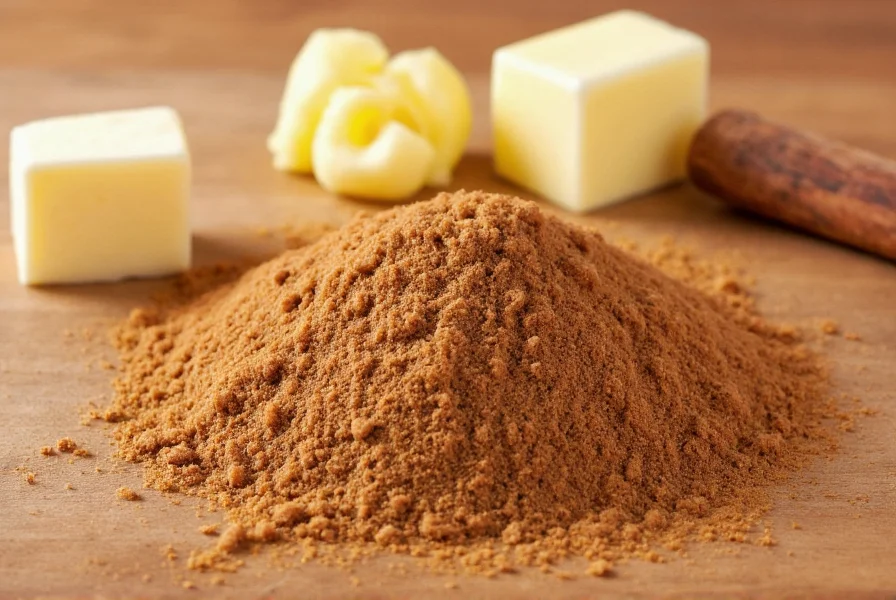 Nahaufnahme traditioneller Zimtschnecken-Füllungszutaten: brauner Zucker, gemahlener Zimt und weiche Butter