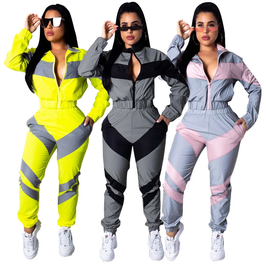 

wholesale hot sales long sleeves solid print Striped Patchwork sport long pant women jumpsuit 1042