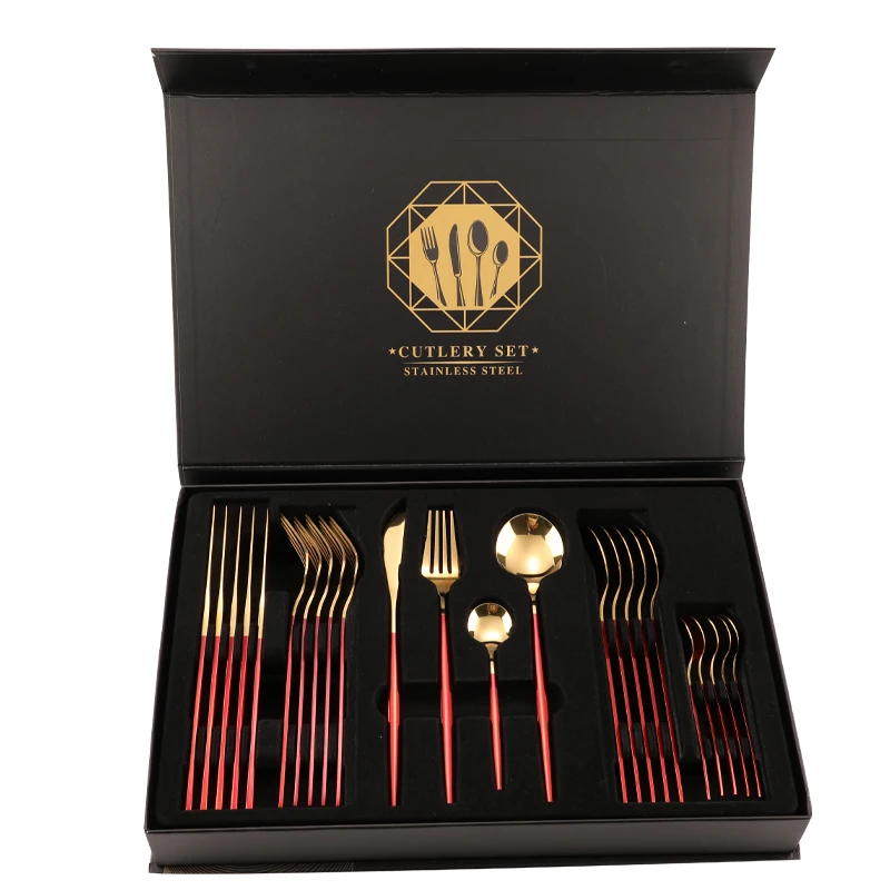 

hot selling custom popular wedding gold metal 18/10 high quality silverware set portugal style 24 pcs cutlery set box