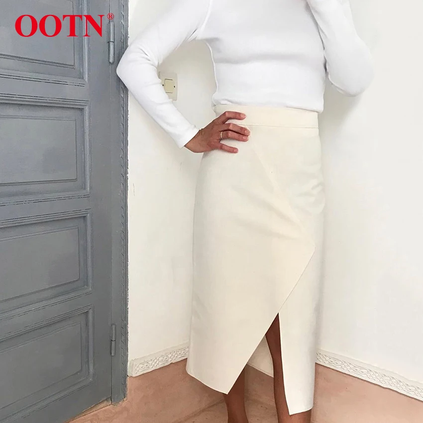 

OOTN Ladies Office Lady 2019 Autumn Winter Bottoms Women Asymmetrical High Waist Long Skirt Casual Beige Solid Split Midi Skirt