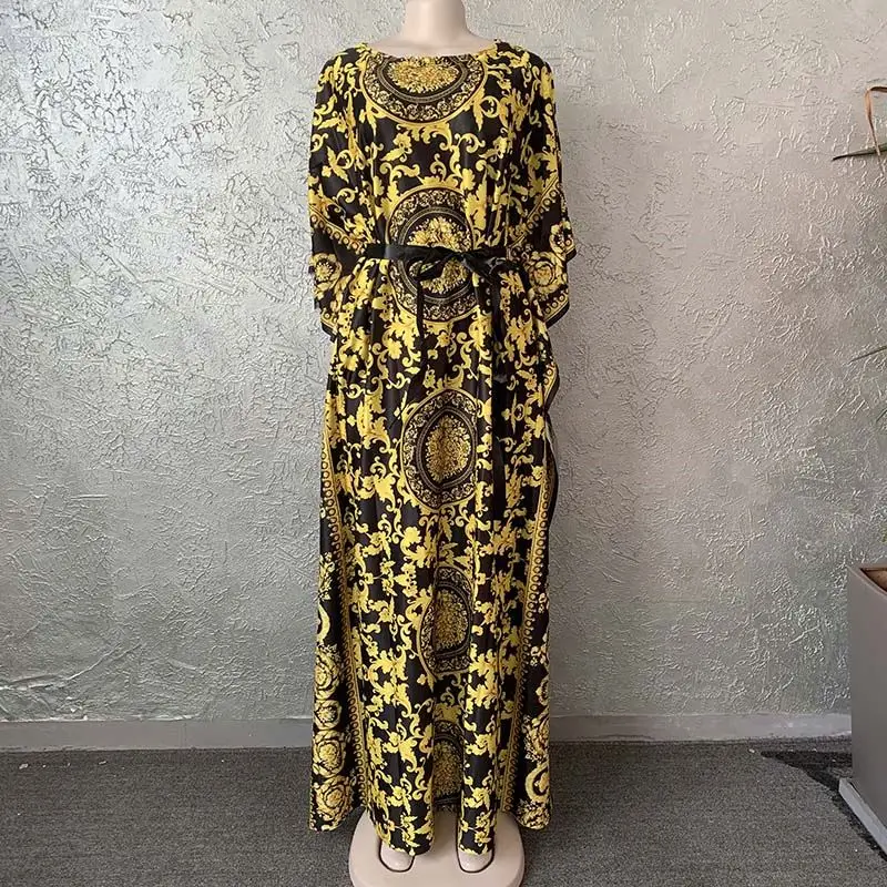 

African Mama style free plus size printing abaya fashion long dress four season ware with ribbon belt