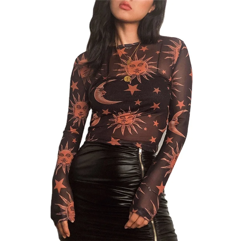 

2021 Trendy Autumn Sexy Turtleneck T-shirt Blouse Sun Moon Printed Long Sleeve Women Transparent Mesh Sexy Tops, Customized color