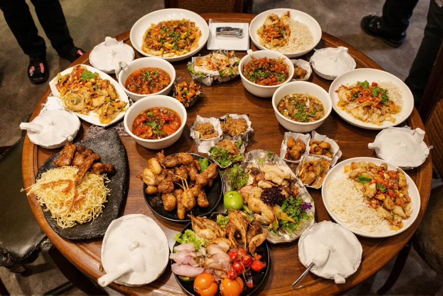 Traditional Thai meal spread showing multiple dishes with varying levels of red peppers visible