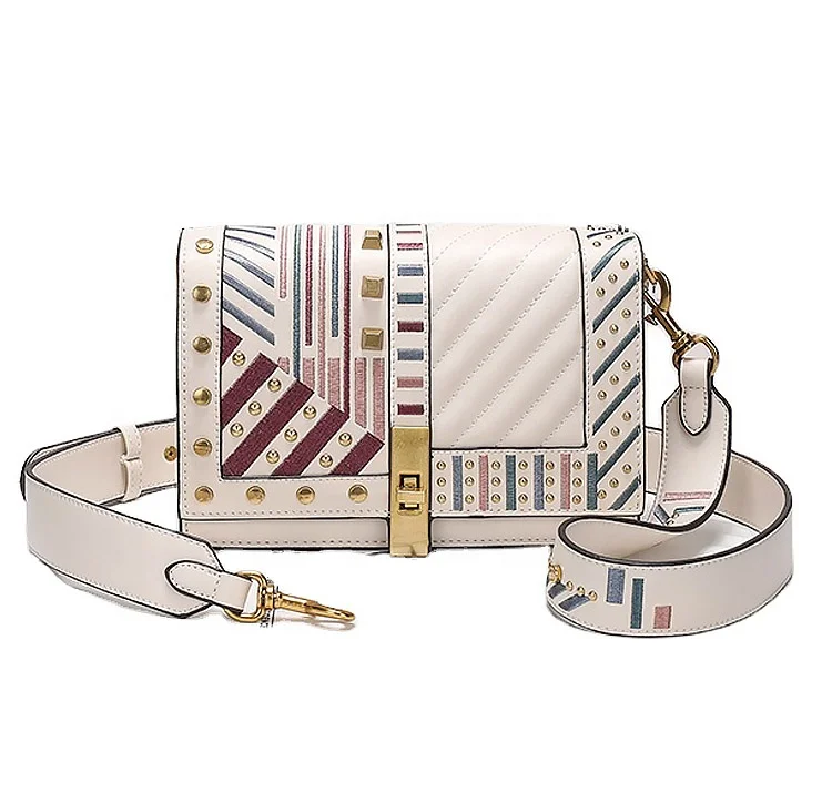 

Wholesale rivet saddle embroidery retro bronze chain fashion ladies bag multi-layer shoulder crossbody handbag for women, White,black