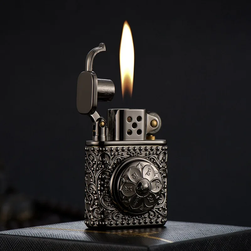 

Retro rocker arm buddhism 6 word lighters kerosene cigarette lighters, Black,gold