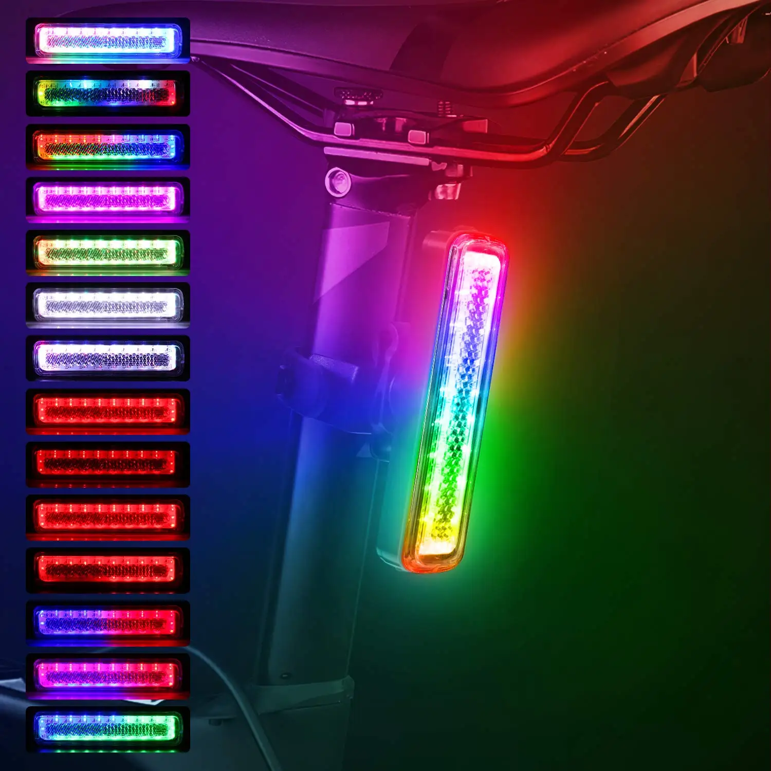 

Ultra Bright 14 Modes Rainbow Color Led Warning Bicycle Rear Light Usb Rechargeable Ipx6 Waterproof Rgb Bike Tail Light, Multicolors