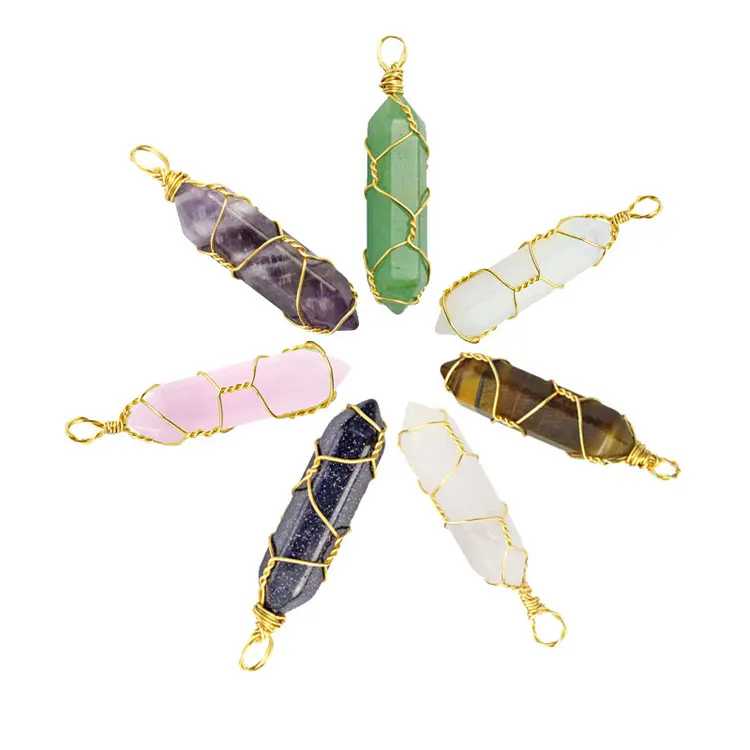 

SC Natural Stone Jade Bead Pendants & Charms Jewelry Dainty Gold Wire Wrapped Hexagonal Healing Crystal Pendants for Necklace, White, black, yellow, pink