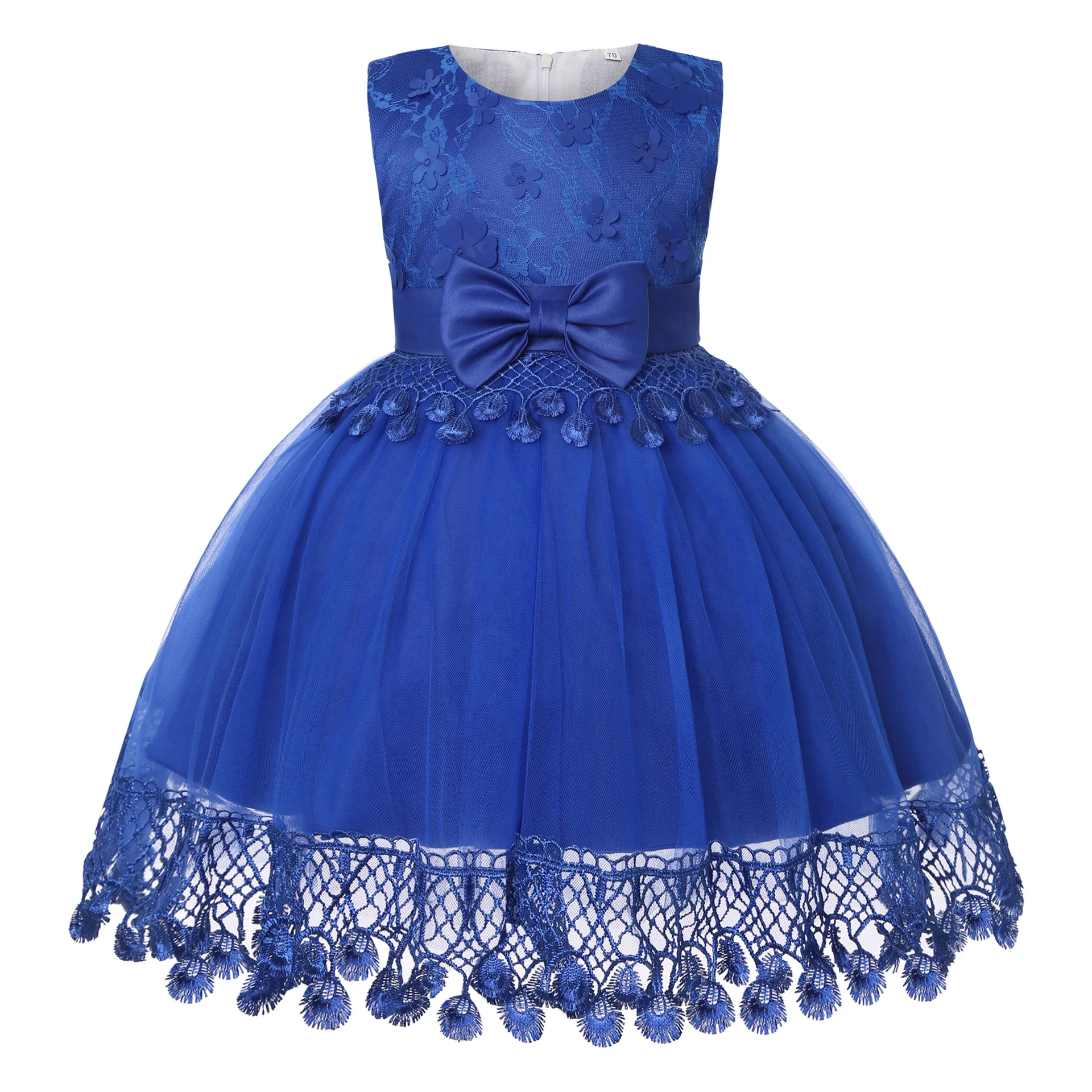 

Lace bow Gowns Embroidery Lace Princess Formal Children Sleeveless Formal Girls Fluffy Long Party Wedding Evening Dress