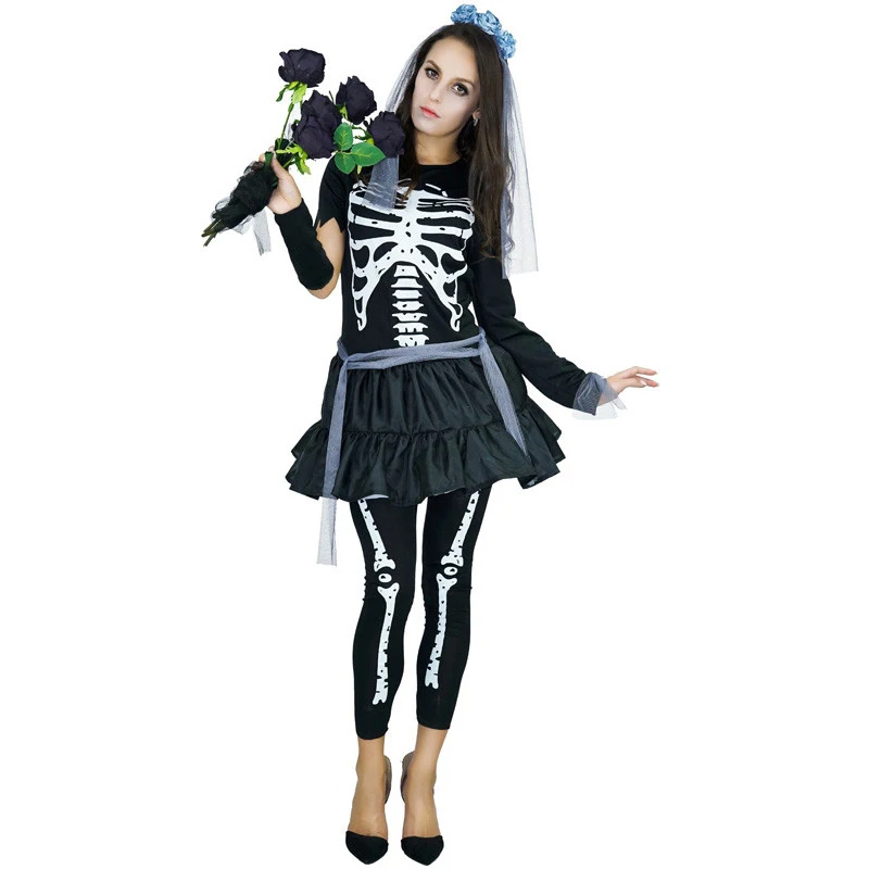 

New Design Women's Horror Skeleton Outfit Halloween Party Cosplay Ghost Bride Costumes for Adult