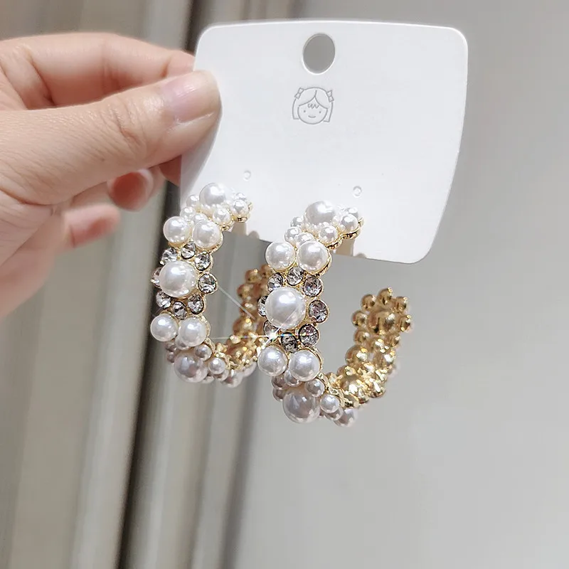 

fashion trendy jewelry rhinestone pearl hoop earrings large