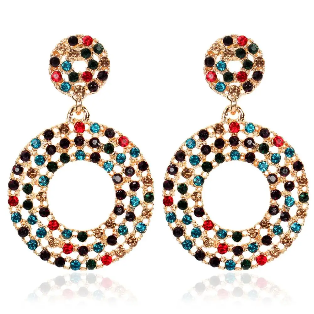 

Luxury Minimalist Jewelry Bling Colorful Rainbow Crystal Rhinestone Round Drop Earrings Full Crystal Round Earrings