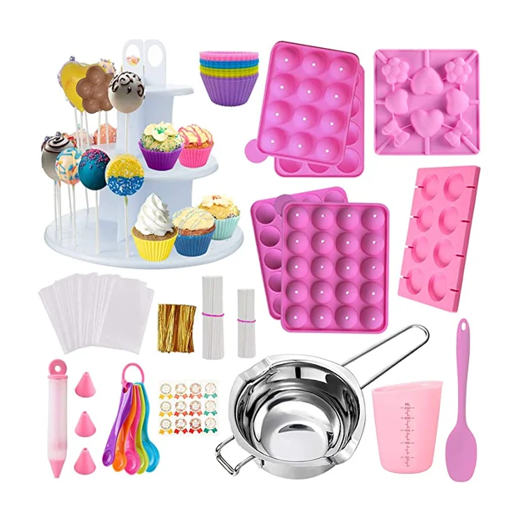 

Cake Pop Maker Kit 454Pcs Silicone Lollipop Mold Set, Baking Supplies with 3 Tier Cake Stand, Chocolate Candy Melting Pot, Dark pink