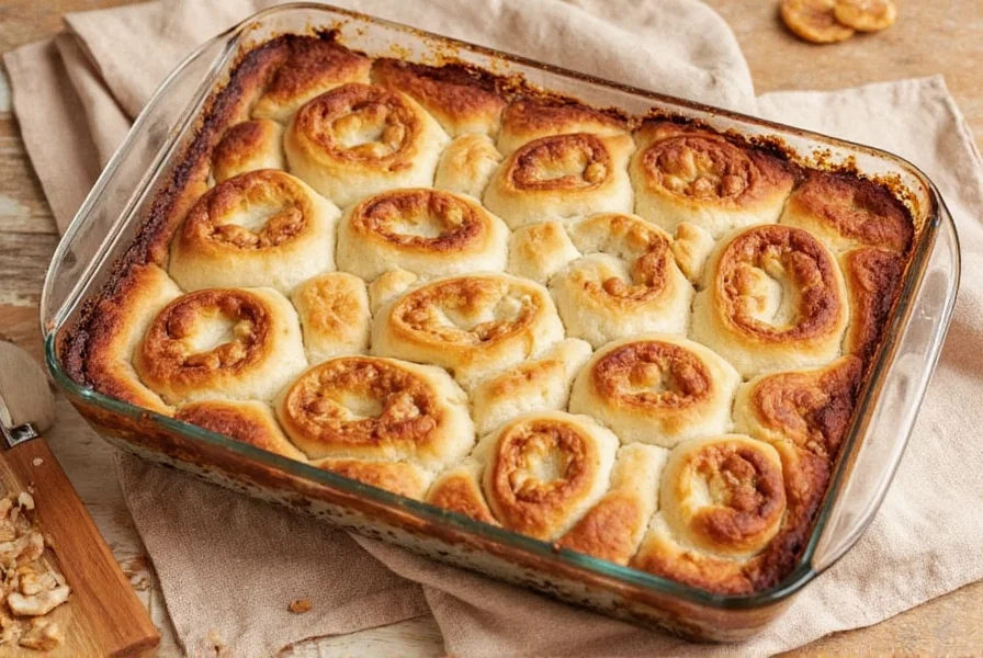 Finished cinnamon roll apple bake with golden crust and visible apple layers