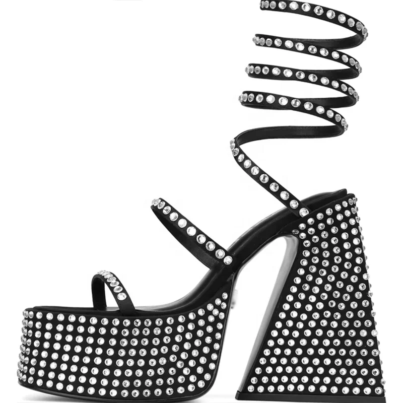 

Platform Rivets Sandals New Arrival Summer Shoes Sexy Luxury Square Head Cross-strap Diamond High Heeled Heels, Black red