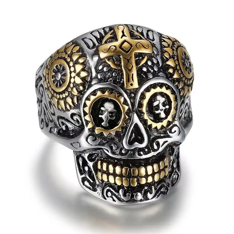 

Factory wholesale punk jewelry stainless steel ring Gold Cross Skull men's ring