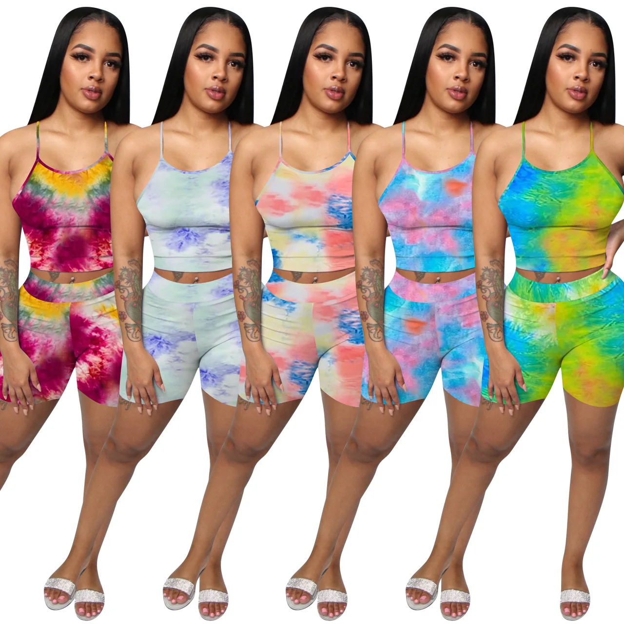 

2021 Wholesale Ladies Summer Gradient Printed Sling Sleeveless Sports Shorts Set Bodycon yoga sets