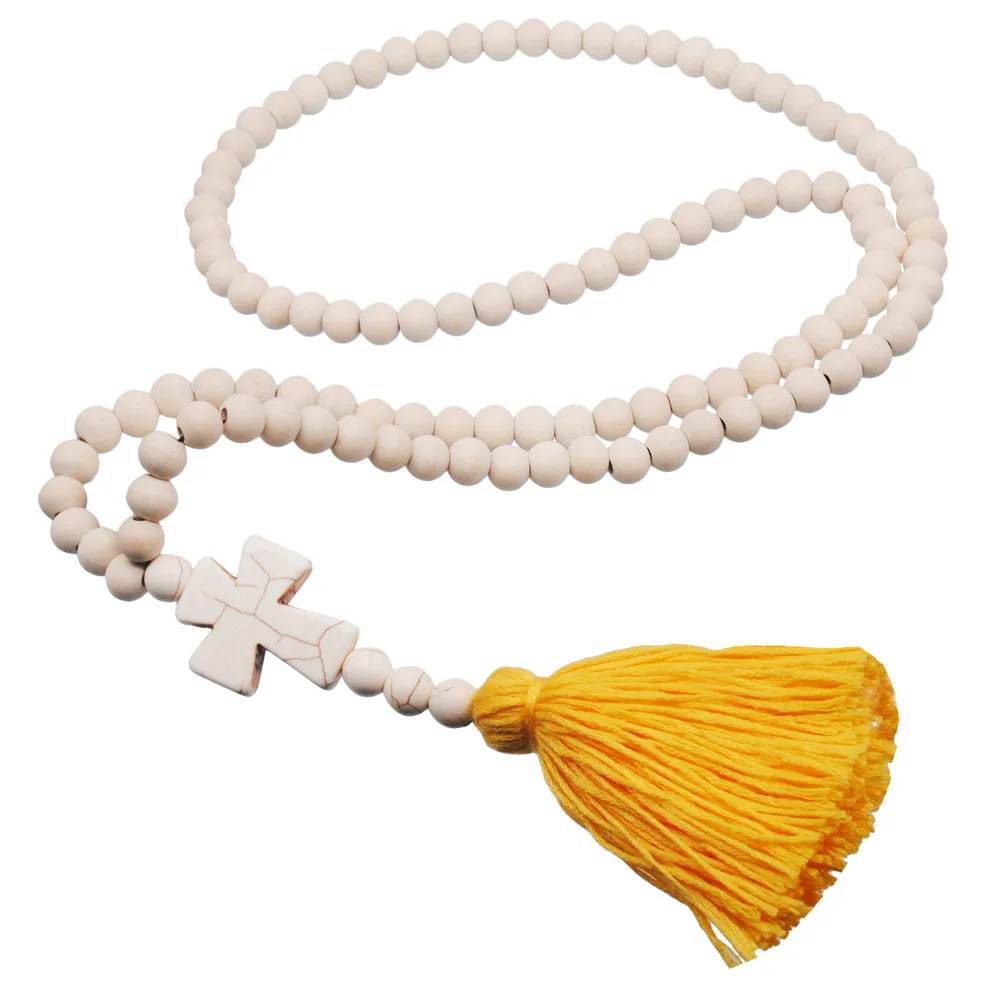 

Long White Wooden Beads Handmade Beaded Tassel Turquoise Stones Cross Pendant Necklace, As photo