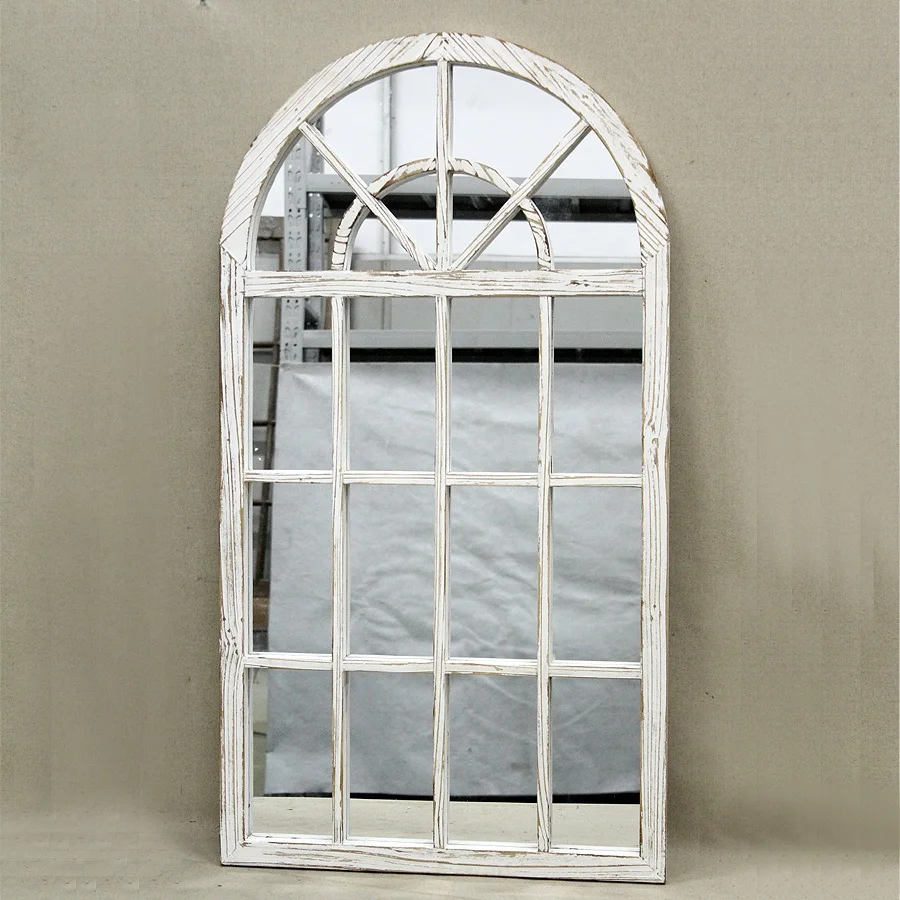 Luckywind Rustic Farmhouse Distressed White Wood Window Mirror,Vintage